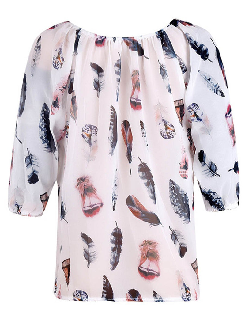 Feathers Printed V-neck Loose Fit T-shirt Top