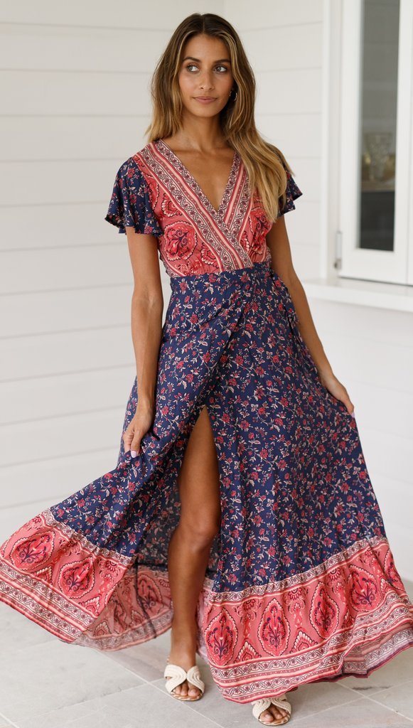 Floral V-neck Open Front Maxi Dress