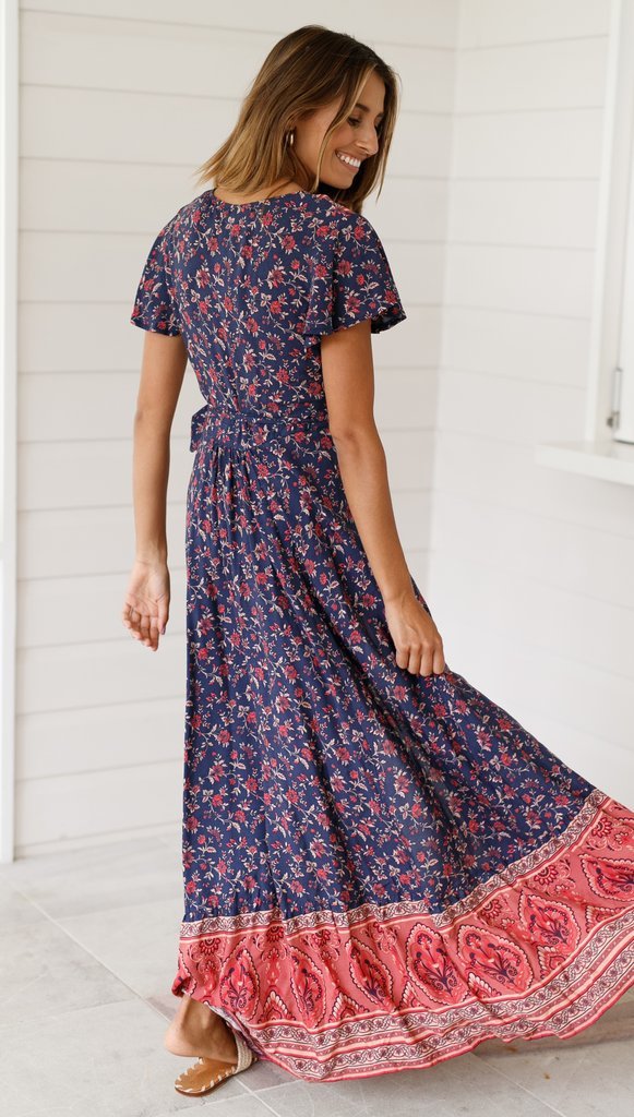 Floral V-neck Open Front Maxi Dress