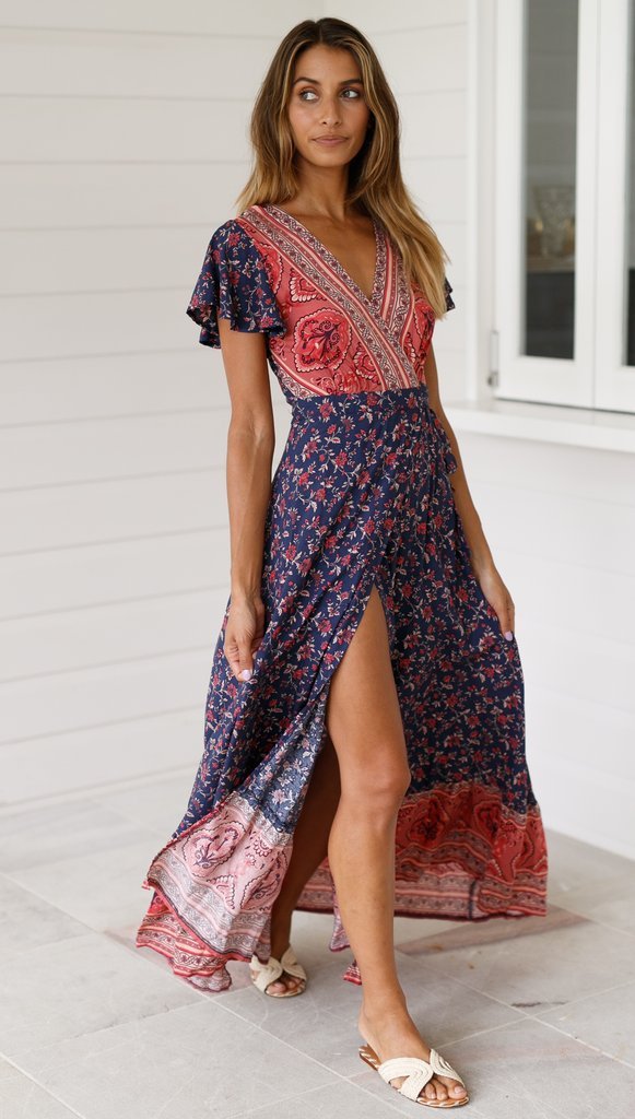 Floral V-neck Open Front Maxi Dress