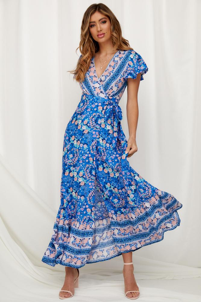 Floral V-neck Open Front Maxi Dress