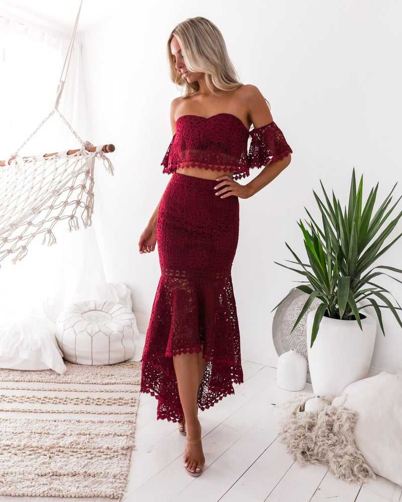 Lace Off Shoulder Crop Top High Low Skirt 2 Piece Set