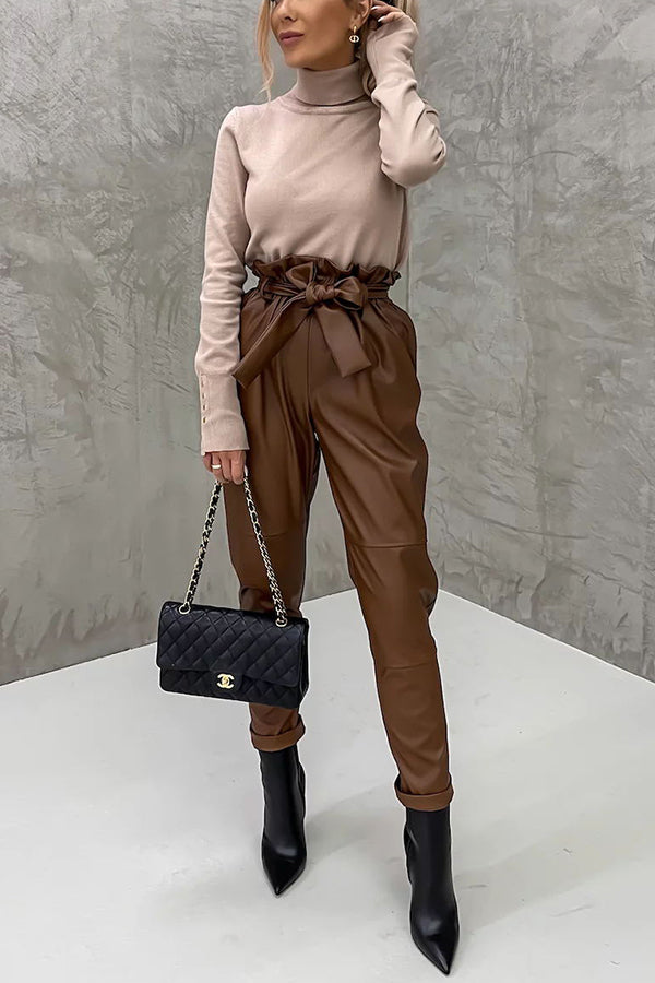 The Dash Petal Waist Pocketed Faux Leather Pants