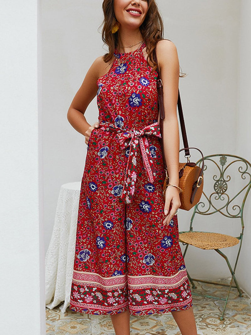 Off Shoulder Floral Waist Belt Loose Midi Jumpsuit