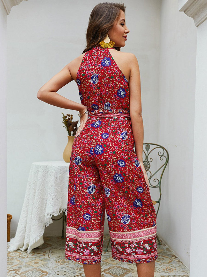 Off Shoulder Floral Waist Belt Loose Midi Jumpsuit