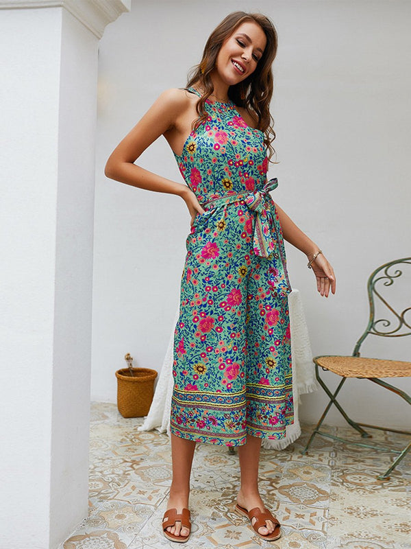 Off Shoulder Floral Waist Belt Loose Midi Jumpsuit