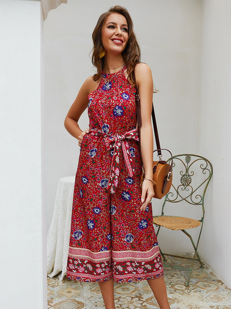 Off Shoulder Floral Waist Belt Loose Midi Jumpsuit