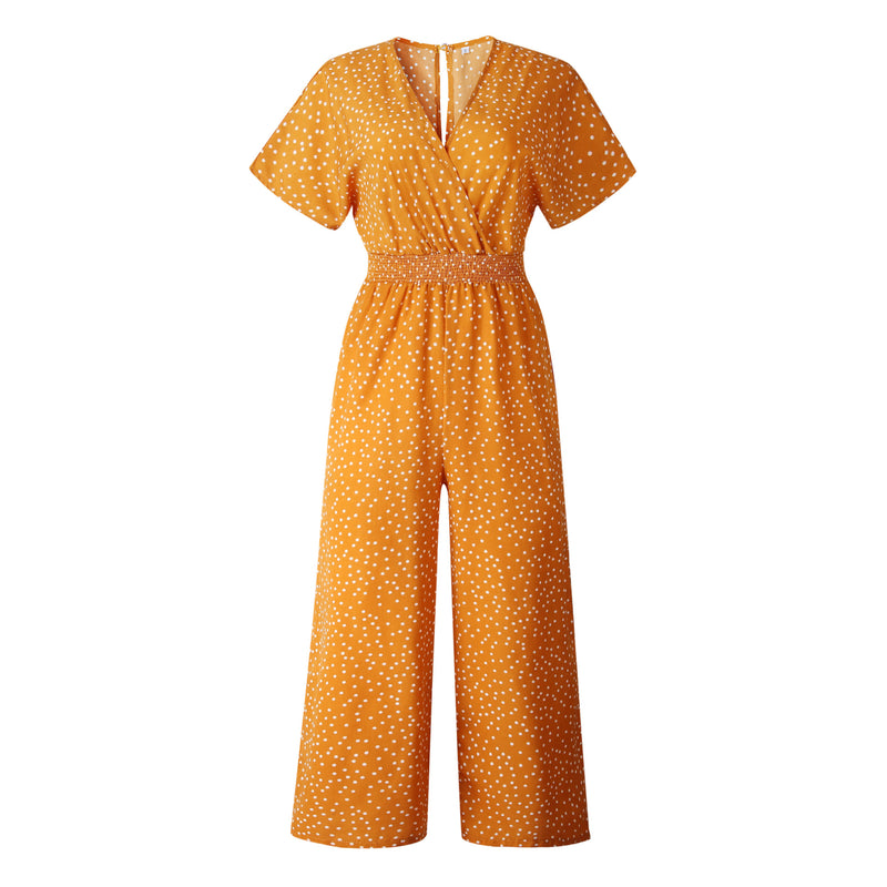 Polka Dot Elastic Waist V Neck Jumpsuit