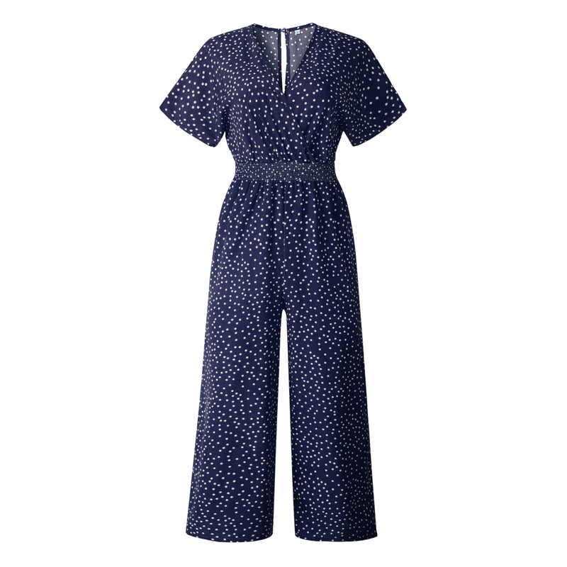 Polka Dot Elastic Waist V Neck Jumpsuit