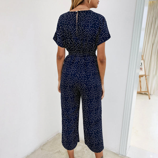 Polka Dot Elastic Waist V Neck Jumpsuit