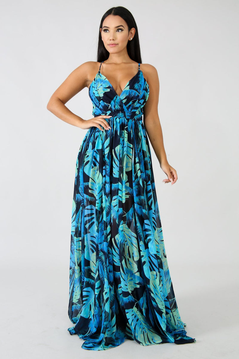 Floral Print Pleated Backless Slip Maxi Dress