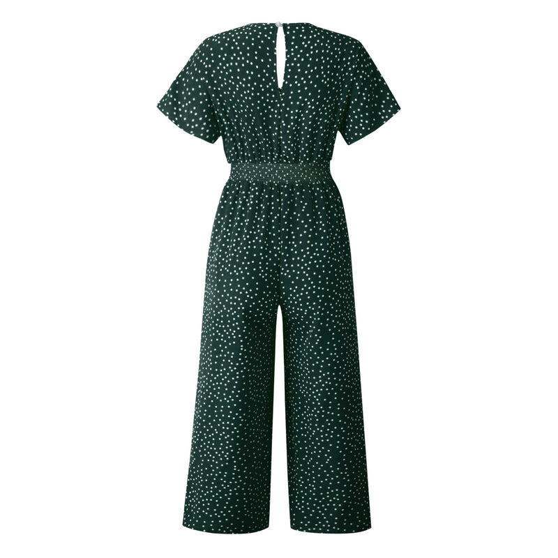 Polka Dot Elastic Waist V Neck Jumpsuit