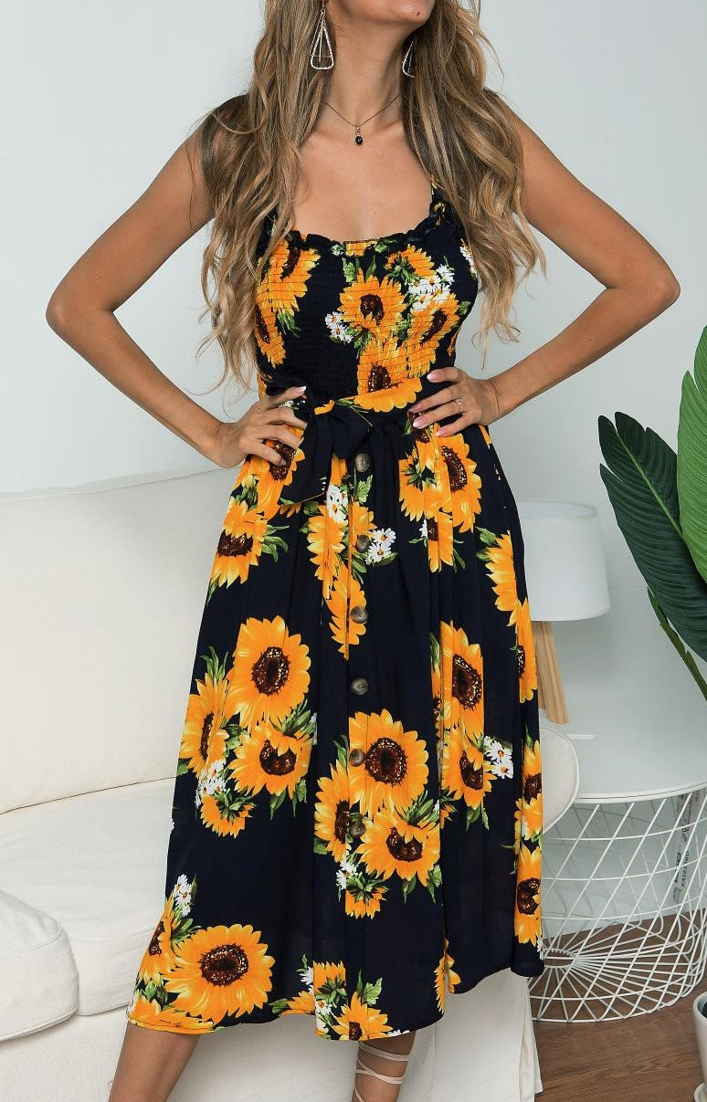 Spaghetti Strap Boho Wrap Waist Floral Midi Dress