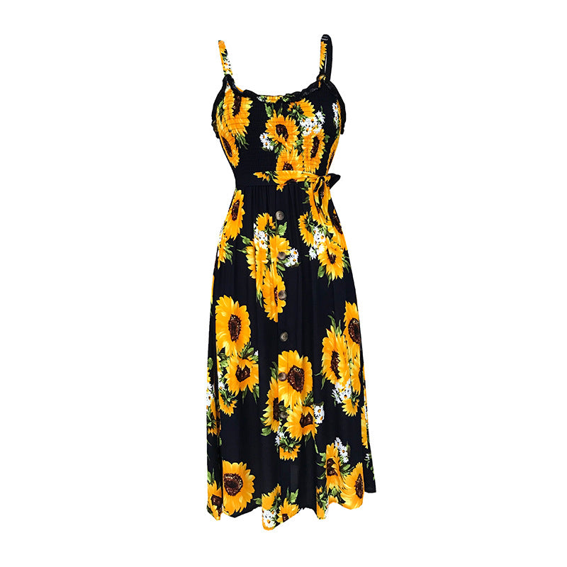 Spaghetti Strap Boho Wrap Waist Floral Midi Dress