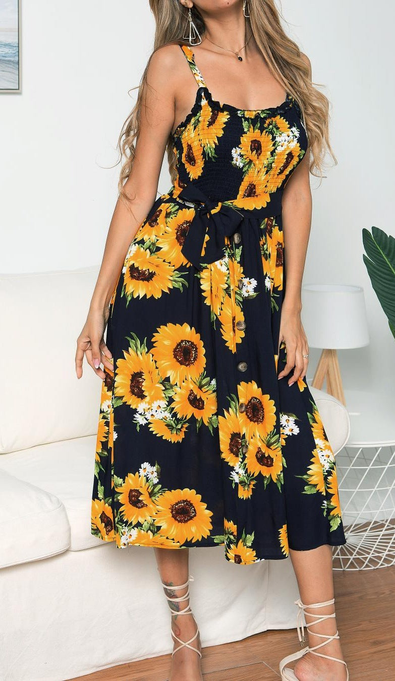 Spaghetti Strap Boho Wrap Waist Floral Midi Dress