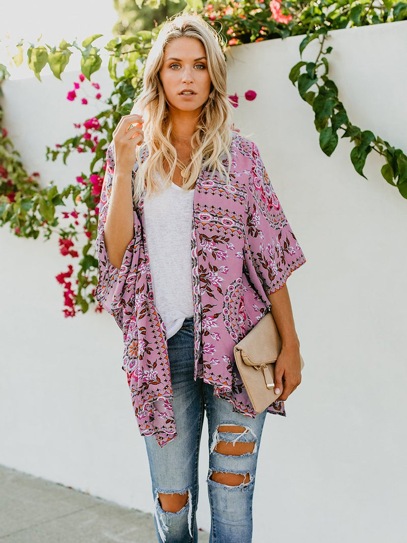 Floral Print Front Open Short Sleeve Cardigan - Landing Closet