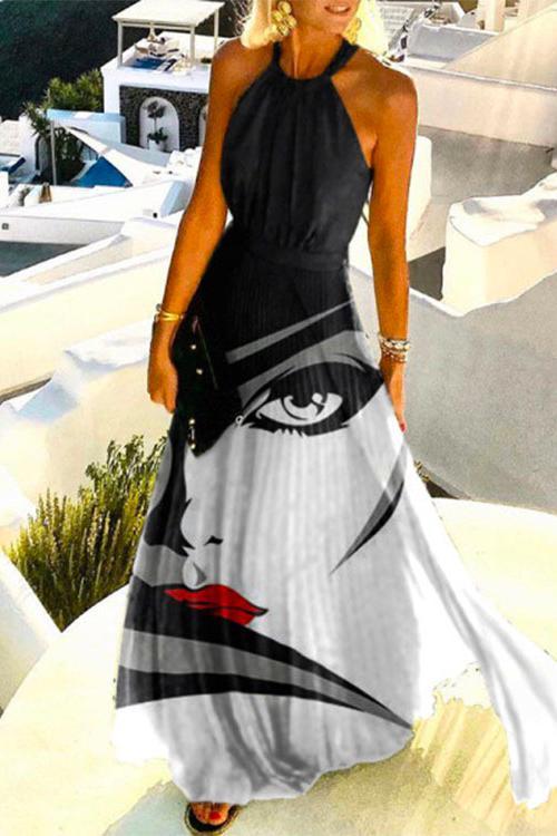 Sleeveless Halter Abstract Printed Pleated Maxi Dress