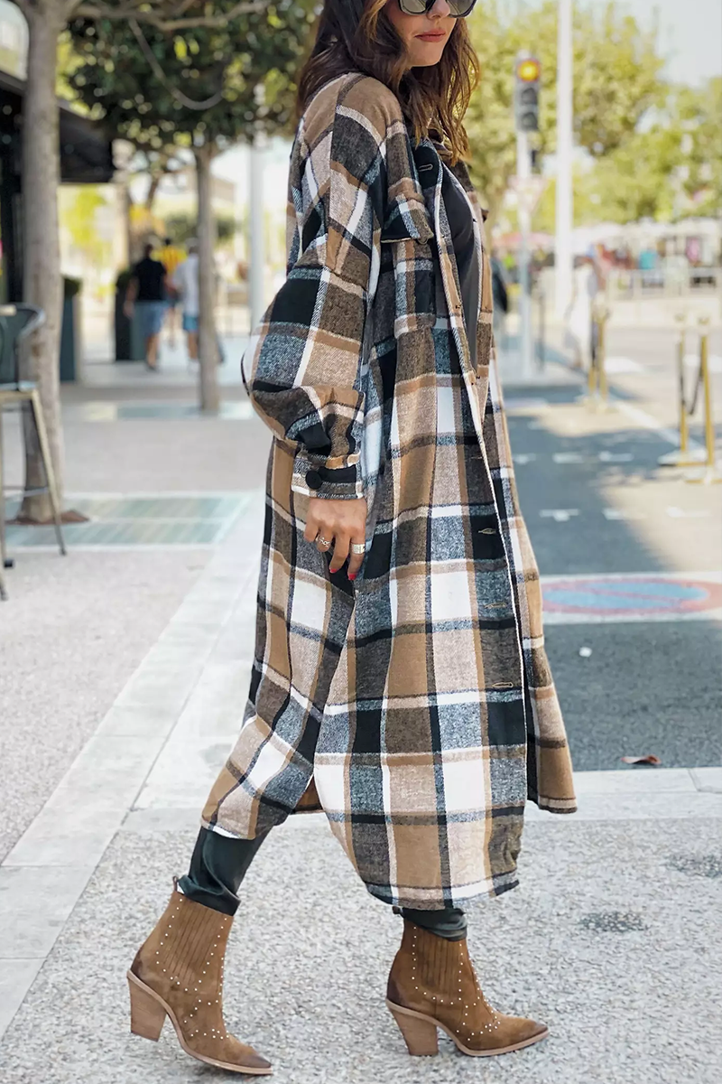 Lapel Plaid Print Woolen Long Coat