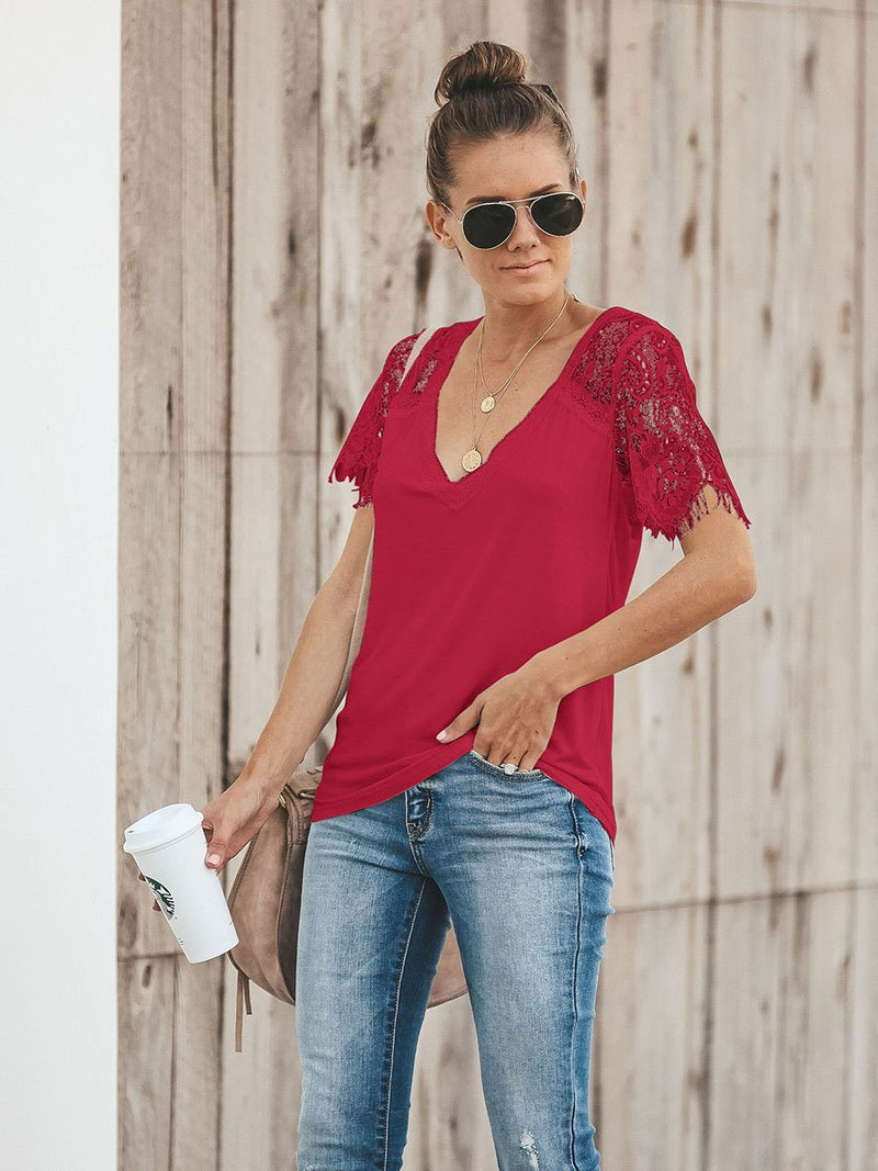 Sweet Side Lace Deep V-neck Top T-shirt