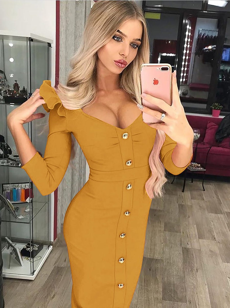 Long Sleeves Low Cut Bodycon Midi Dress