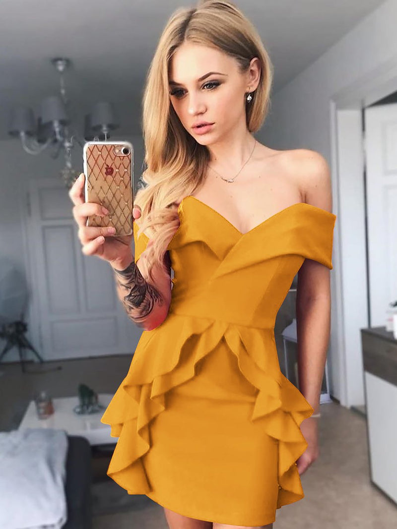 Off Shoulder Ruffled V-neck Mini Dress