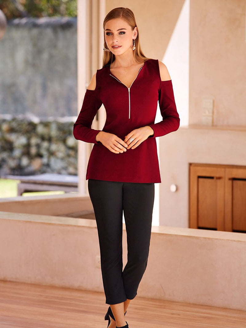 Zipper V-neck Long Sleeve T-shirt