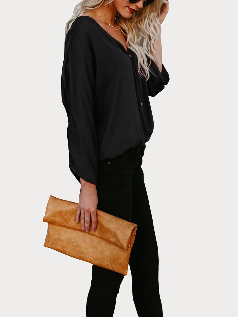 Black Button Down V Neck Casual Blouse - Landing Closet