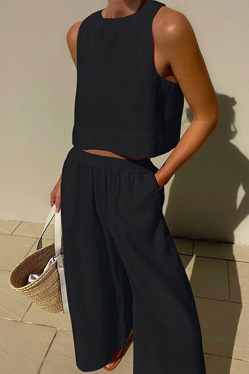 Solid Crewneck Crop Tank Top Elastic Waist Wide Leg Pants Set