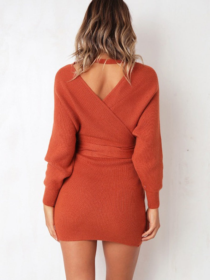 V-neck Knit Waist Belt Long Sleeves Sweater Dress