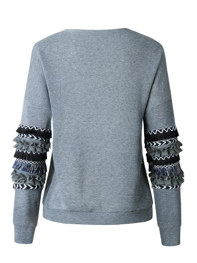 Stitching Printed Long Sleeves Crew-neck Pullover