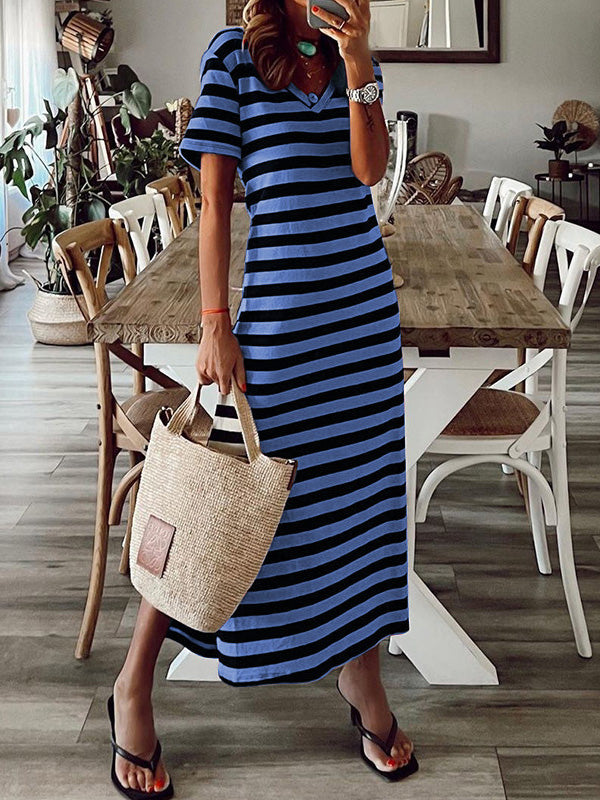 Women's Dresses Striped Print V-Neck Short Sleeve Slit Dress