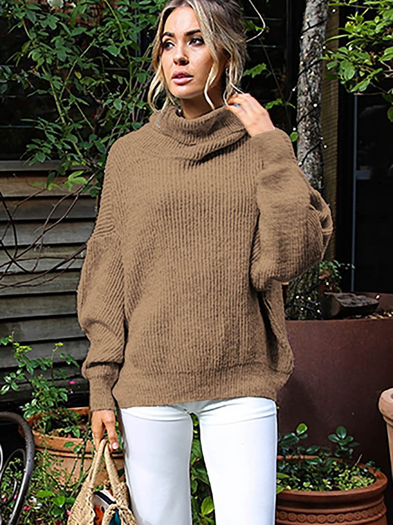 Rolled Neckline Ribbed Cuff Knitted Sweater