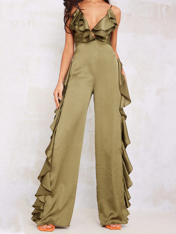 Women's Jumpsuits Deep V Neck Open Back Ruffle Jumpsuit