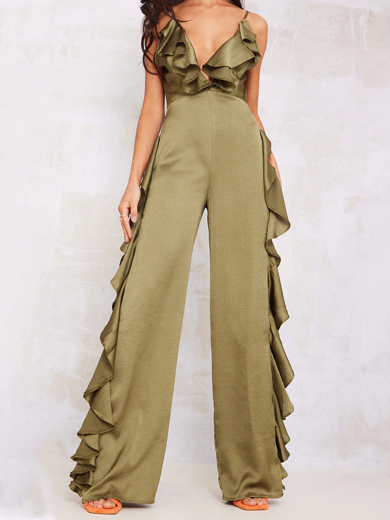 Women's Jumpsuits Deep V Neck Open Back Ruffle Jumpsuit