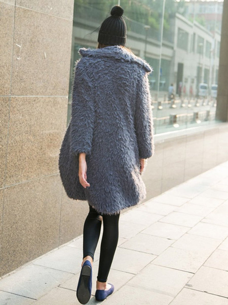 Long Sleeves Plush Lapel Collar Long Coat