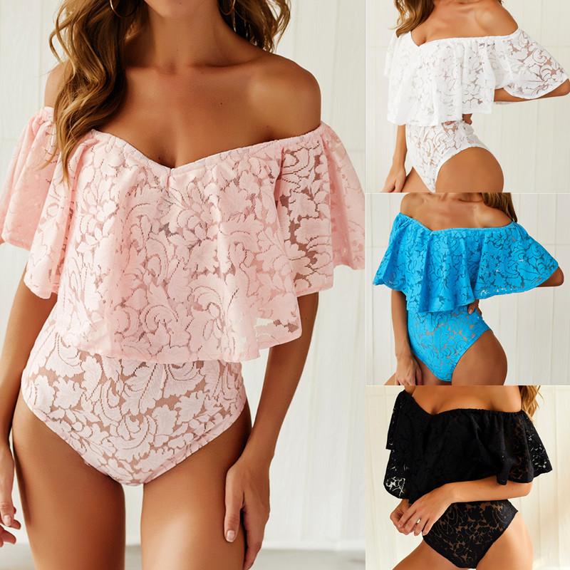 Off Shoulder Ruffled Lace Bodysuit