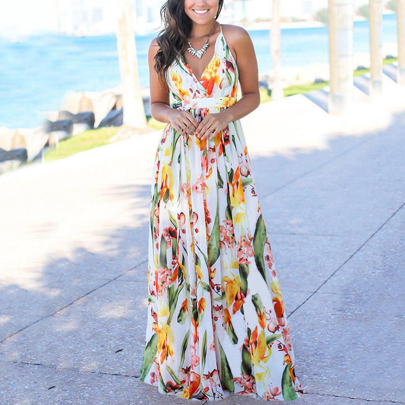 Deep V-Neck Floral Print Maxi Dress