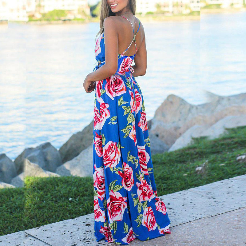 Deep V-Neck Floral Print Maxi Dress