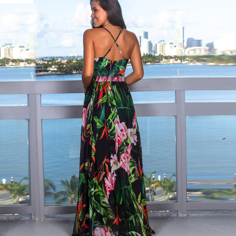 Deep V-Neck Floral Print Maxi Dress