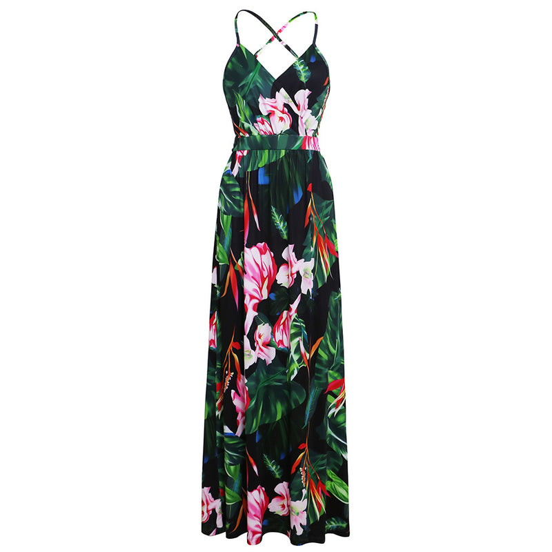 Deep V-Neck Floral Print Maxi Dress