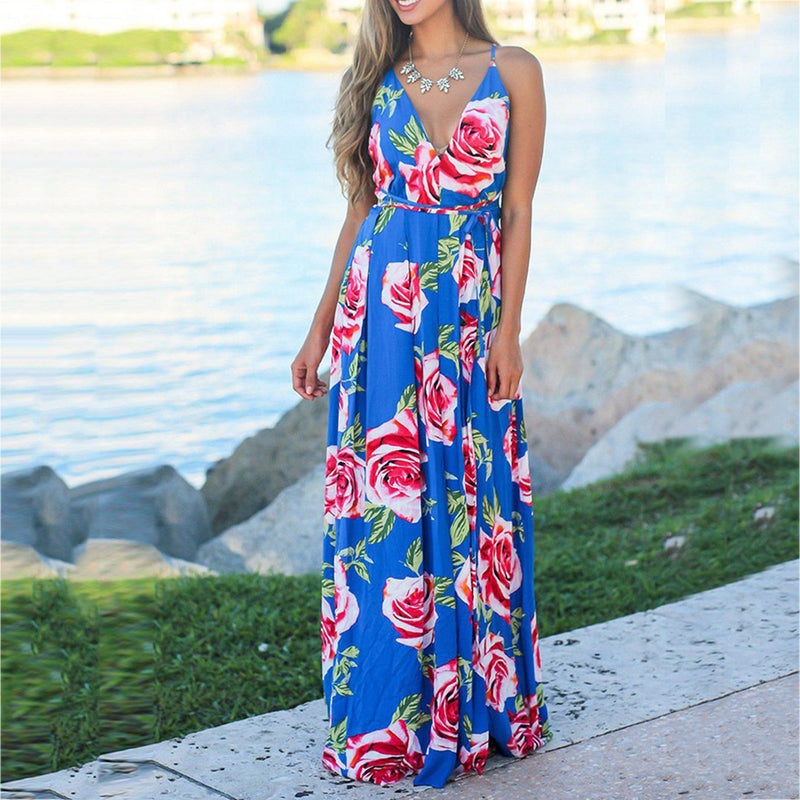 Deep V-Neck Floral Print Maxi Dress