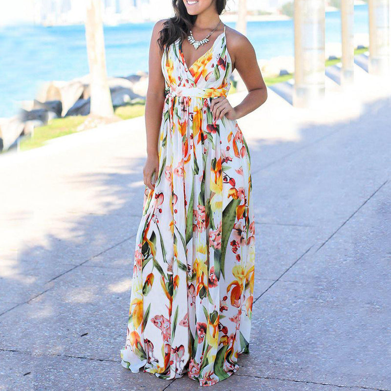 Deep V-Neck Floral Print Maxi Dress