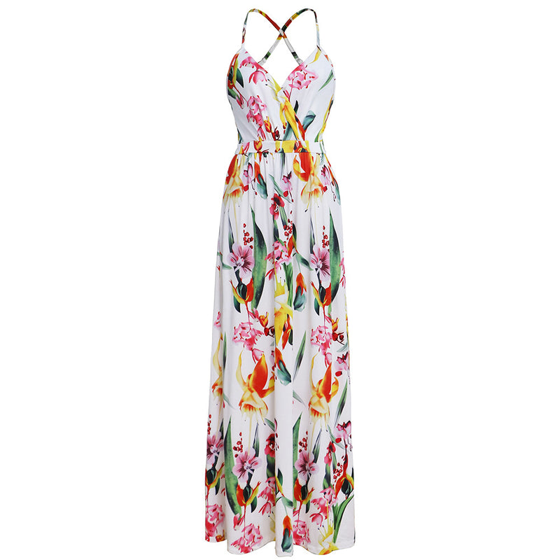 Deep V-Neck Floral Print Maxi Dress