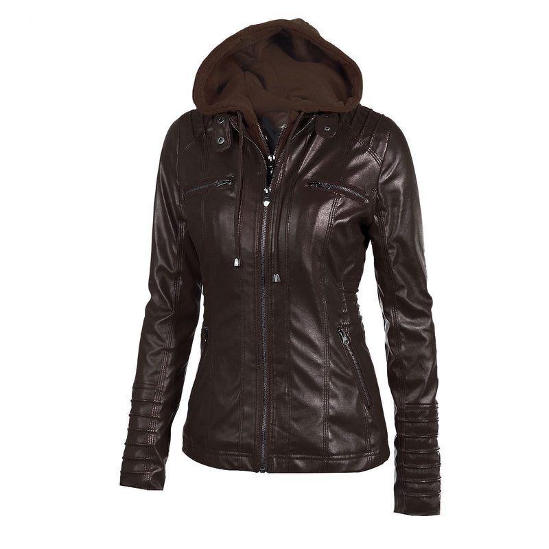 Casual Stand Collar Detachable Hood PU Leather Jacket