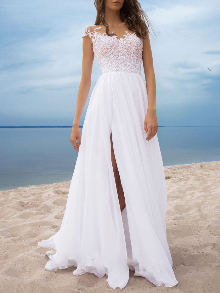 Sleeveless High Slit White Flared Maxi Wedding Gown