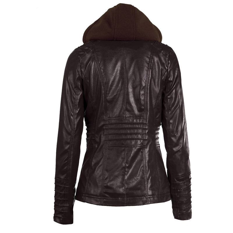 Casual Stand Collar Detachable Hood PU Leather Jacket