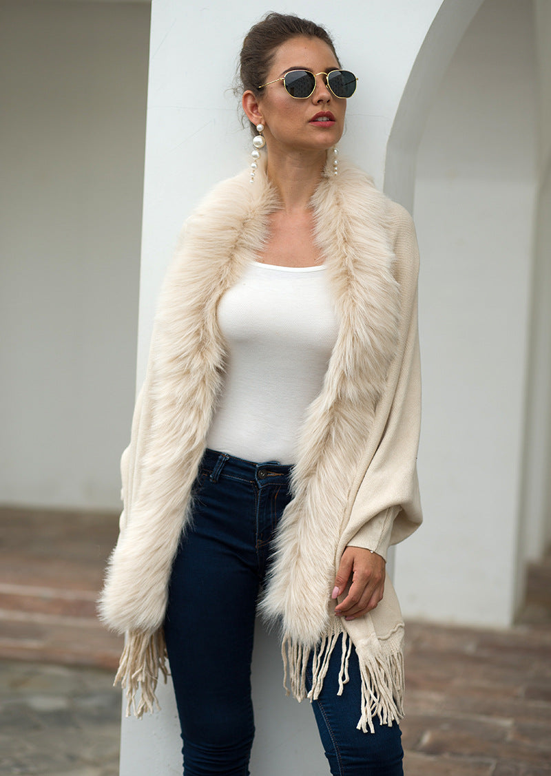 Faux Fur Collar Long Sleeve Large Wrap Scarf