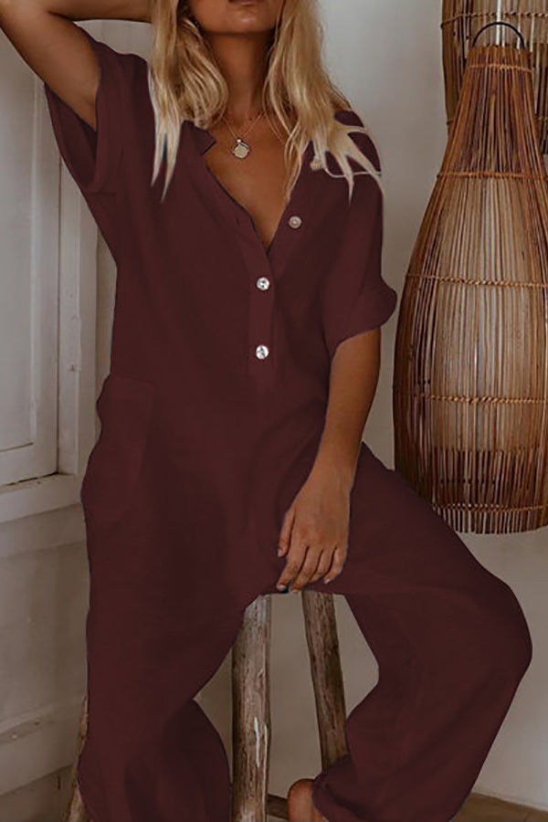 Solid Button Pockets Loose Jumpsuits