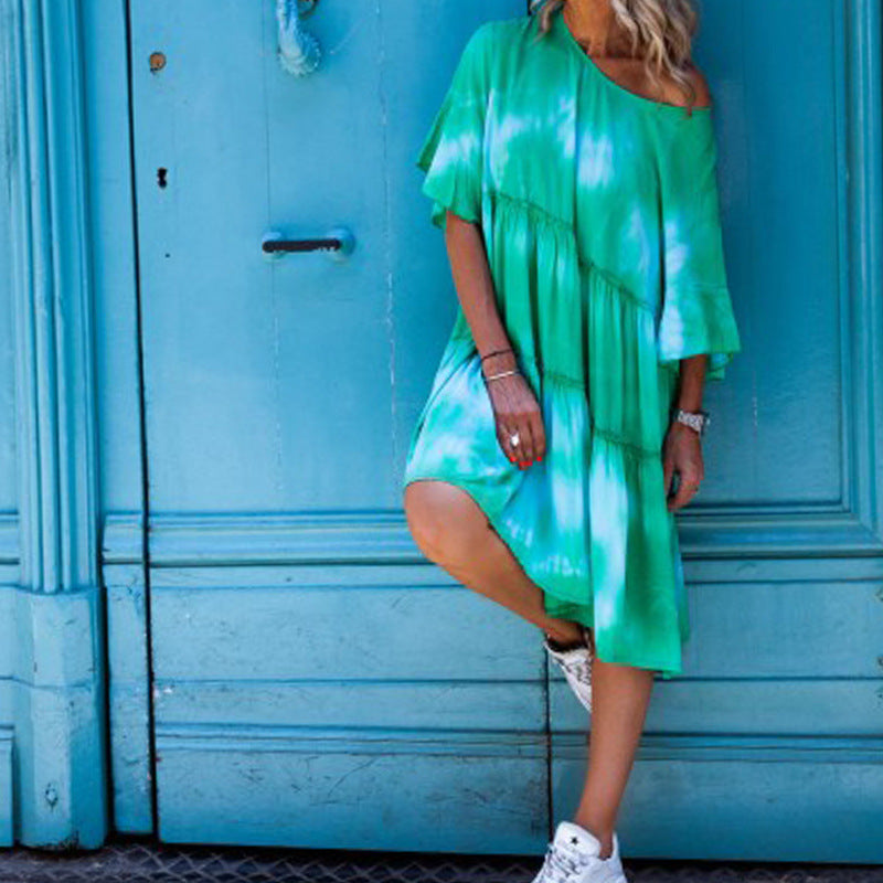 Off Shoulder Tie Dye Loose Casual Midi Dress