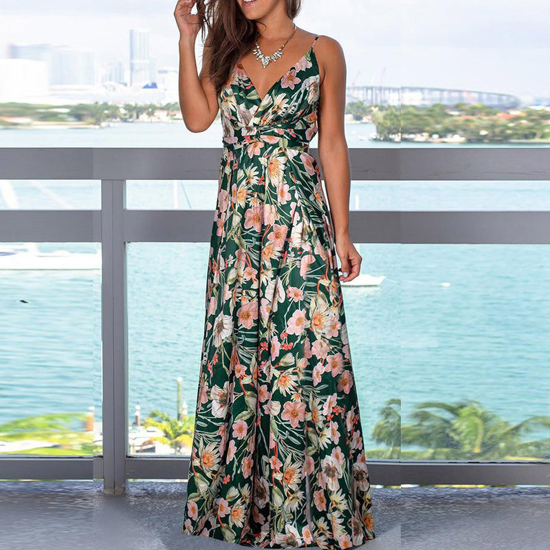 Deep V-Neck Floral Print Maxi Dress